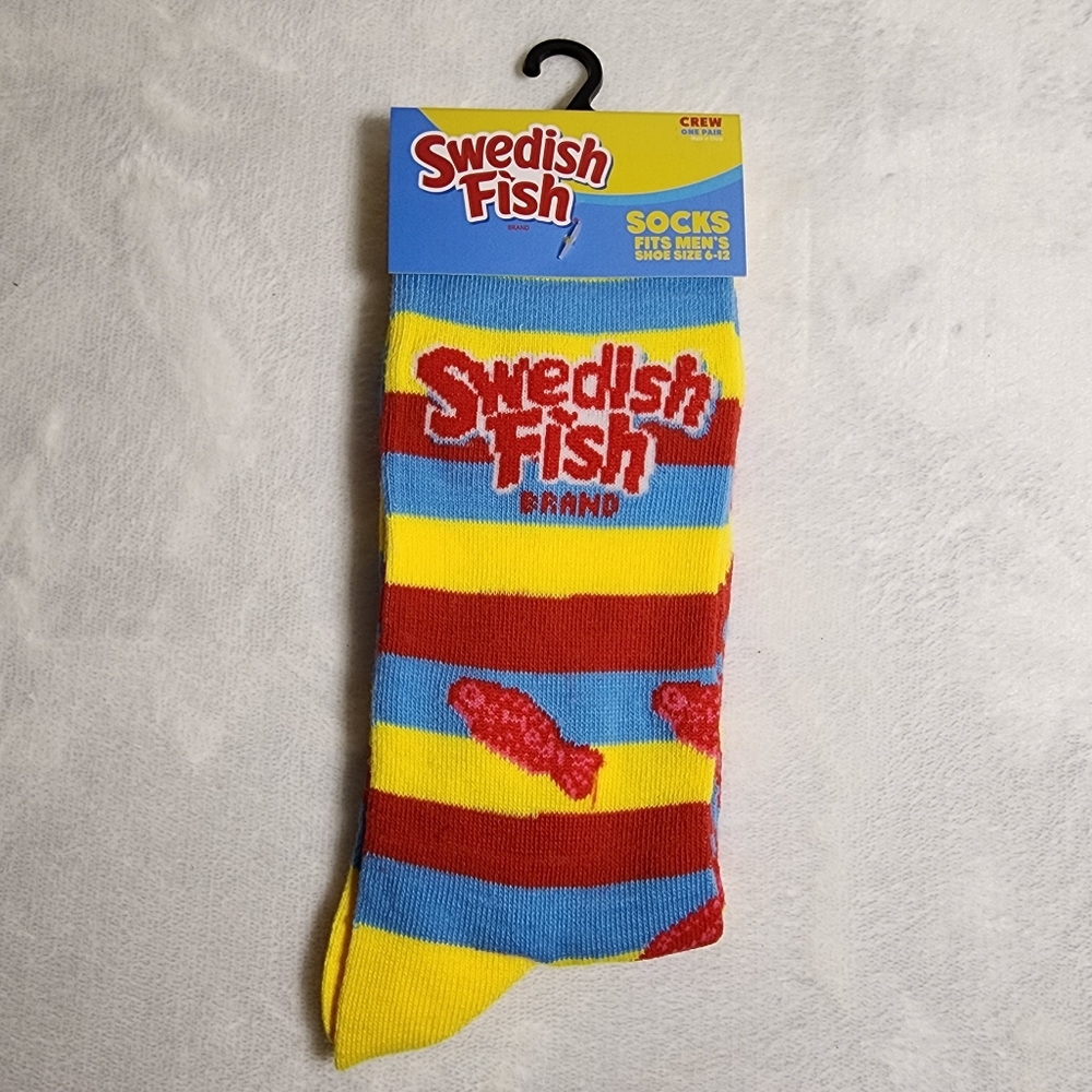 Swedish Fish Socks One Pair Crew Fits Women's Size 7.5 - 13 Red Yellow Blue NEW